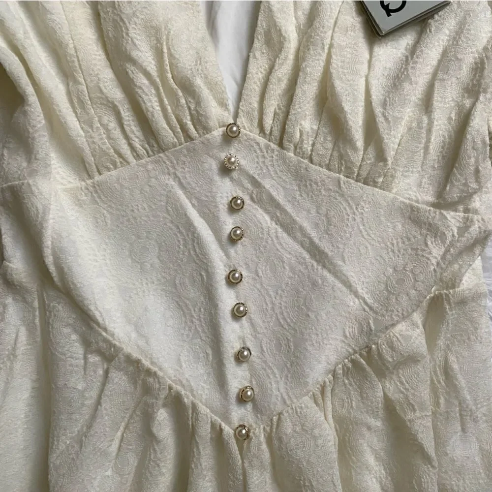 JNSQ Dress Cream Long Sleeve Wool Blend Maxi Cottage‎ Core Farmhouse Prairie 6